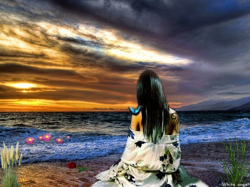 Woman on Beach at Sunset — Orange, Dramatic, Digital Art, Flowers