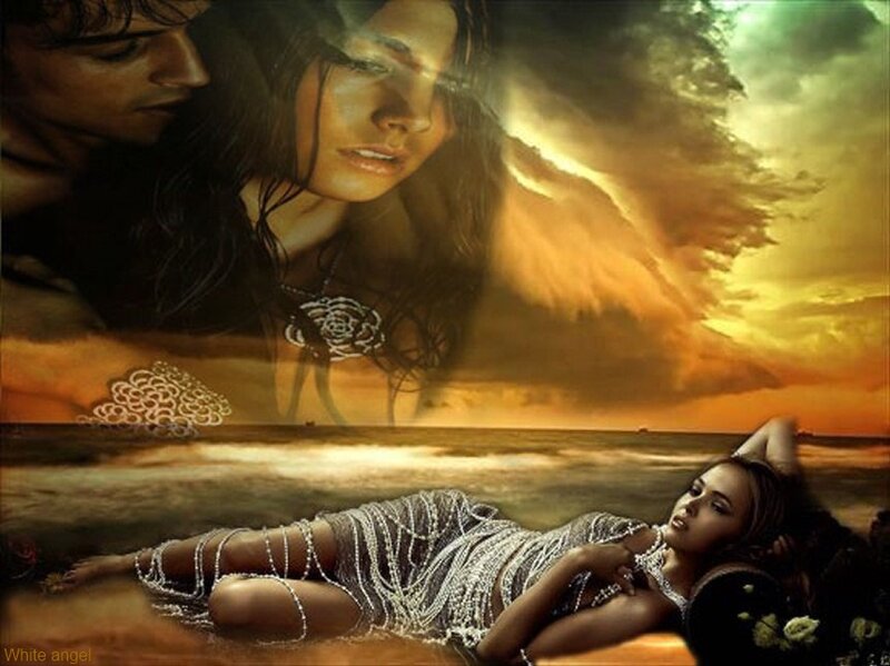 Woman on Beach at Sunset — Orange, Dramatic, Digital Art, Man