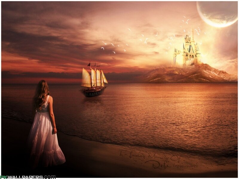 Woman on Beach at Sunset — Orange, Dramatic, Digital Art