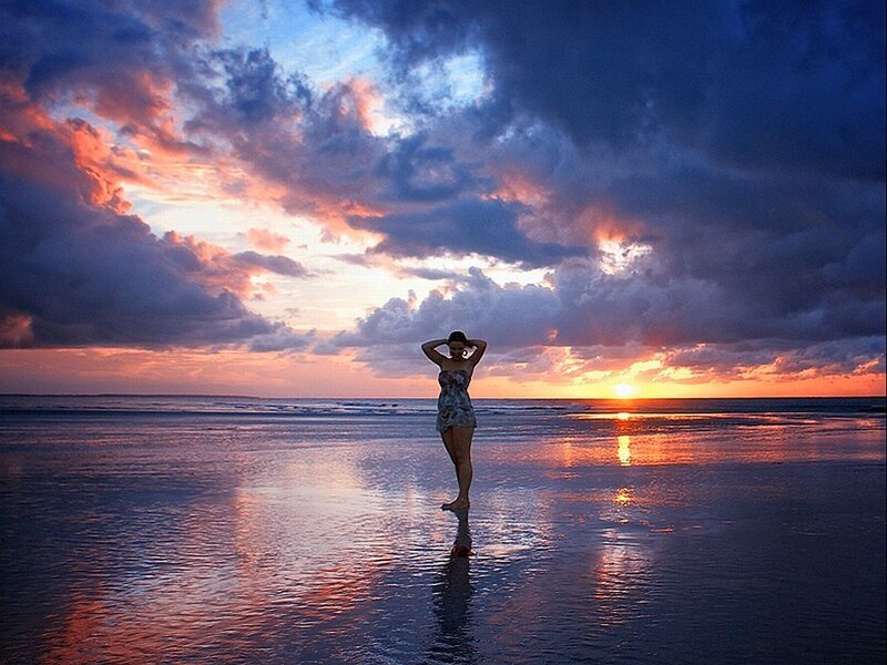 Woman on Beach at Sunset — Orange, Dramatic, Photograph, Ocean