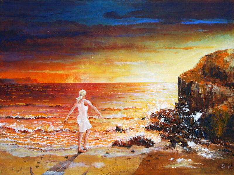 Woman on Beach at Sunset — Orange, Dramatic