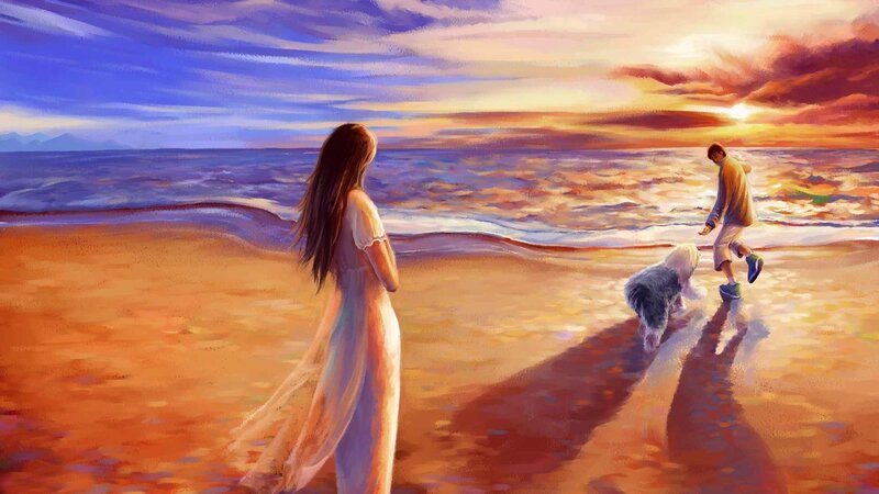 Woman on Beach at Sunset — Orange, Serene, Digital Art, Man