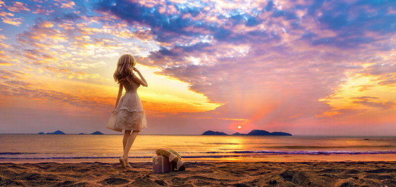 Woman on Beach at Sunset — Orange, Serene, Digital Art, Suitcase