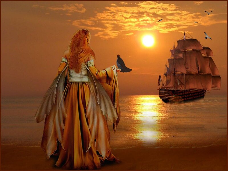 Woman on Beach at Sunset — Orange, Serene, Digital Art