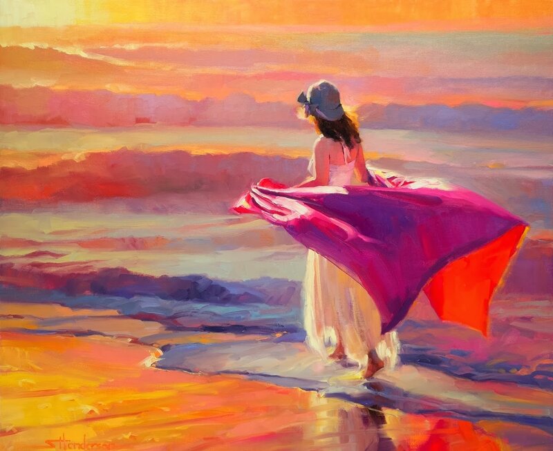 Woman on Beach at Sunset — Orange, Serene, Painting