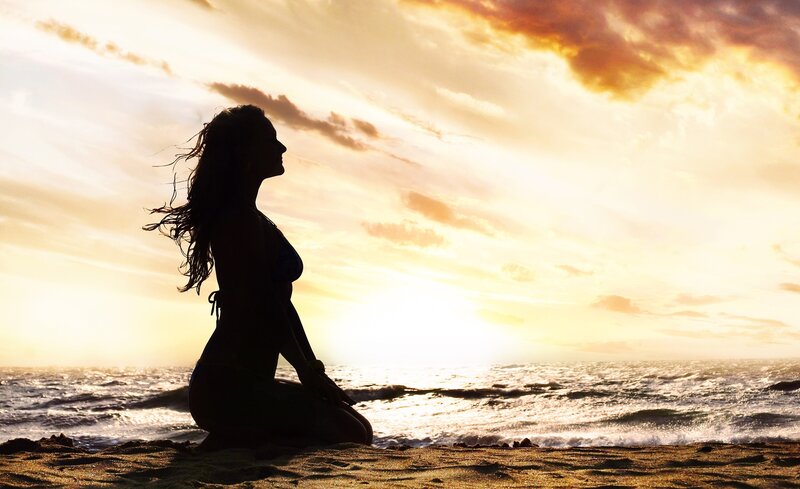 Woman on Beach at Sunset — Orange, Serene, Photograph, Ocean, Sky, Sand