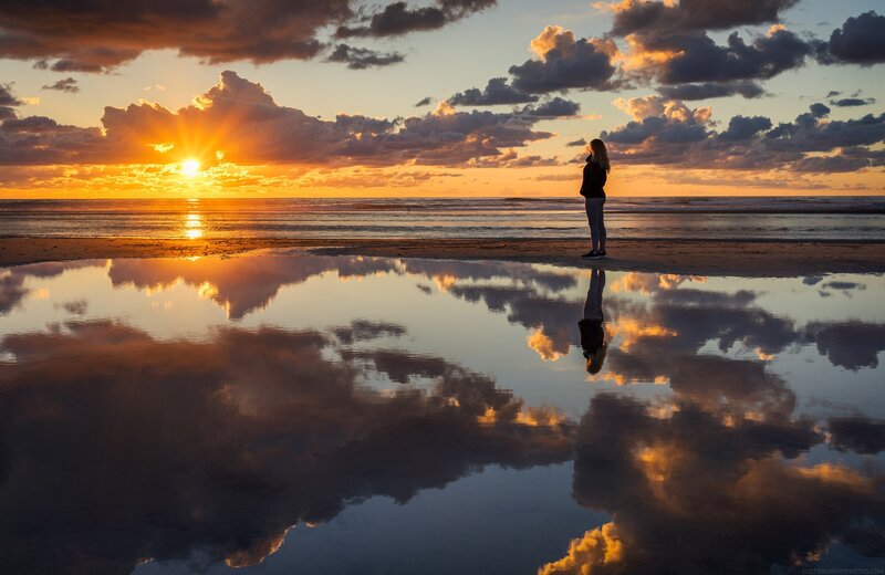 Woman on Beach at Sunset — Orange, Serene, Photograph, Sun, Ocean