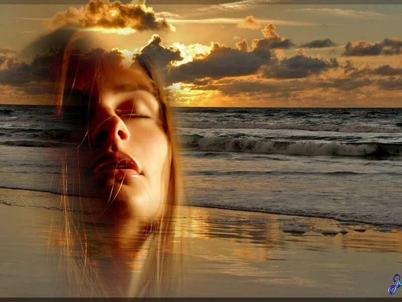 Woman on Beach at Sunset — Orange, Serene, Photograph
