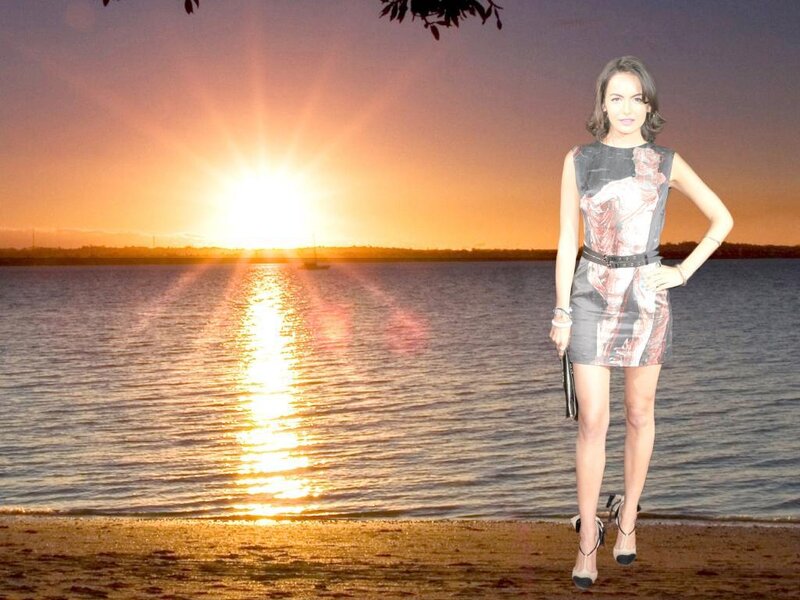 Woman on Beach at Sunset — Orange, Serene, Photograph, Water