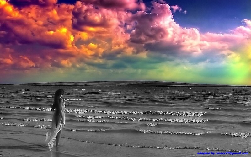 Woman on Beach at Sunset — Purple, Dramatic, Digital Art