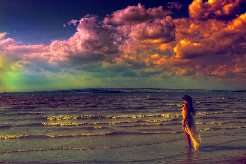 Woman on Beach at Sunset — Purple, Dramatic, Photograph