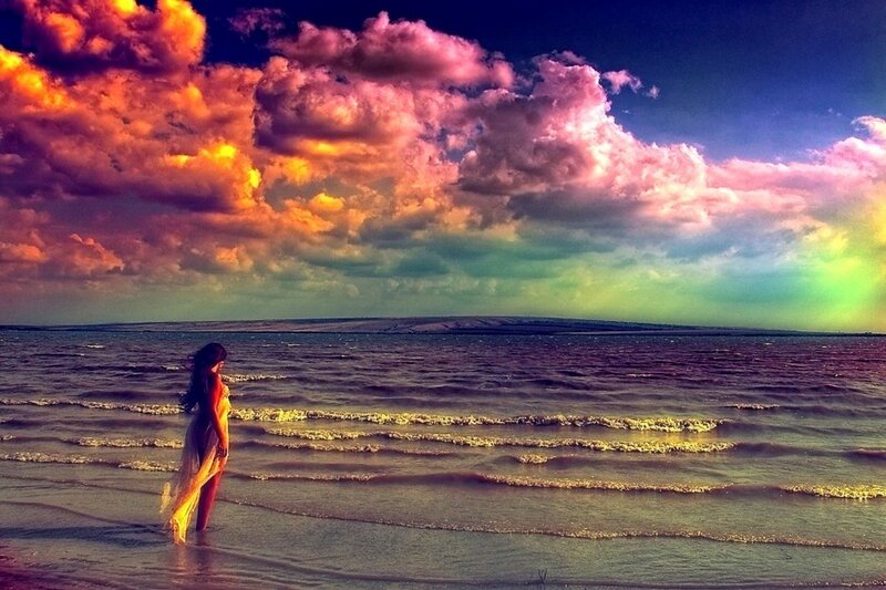 Woman on Beach at Sunset — Purple, Dramatic