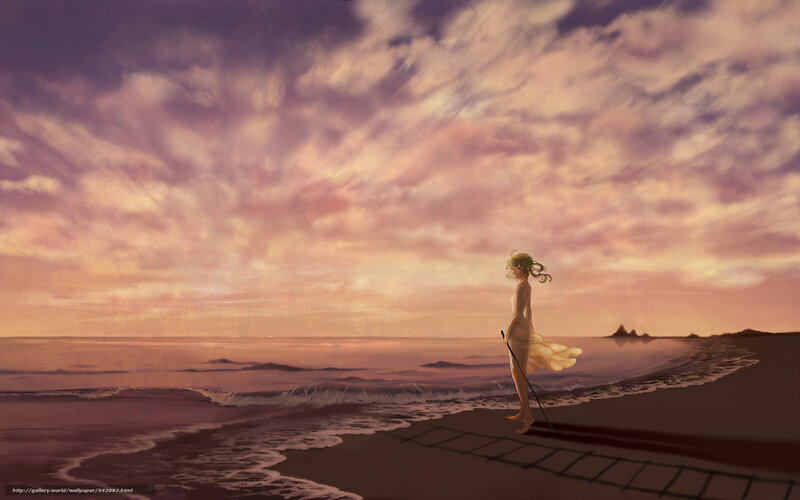 Woman on Beach at Sunset — Purple, Serene, Digital Art, Ocean, Clouds