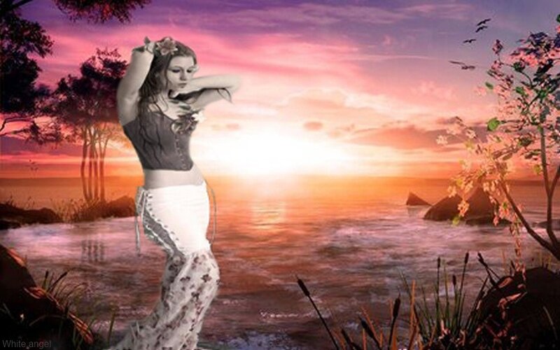 Woman on Beach at Sunset — Purple, Serene, Digital Art, Ocean