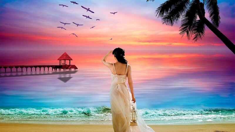 Woman on Beach at Sunset — Purple, Serene