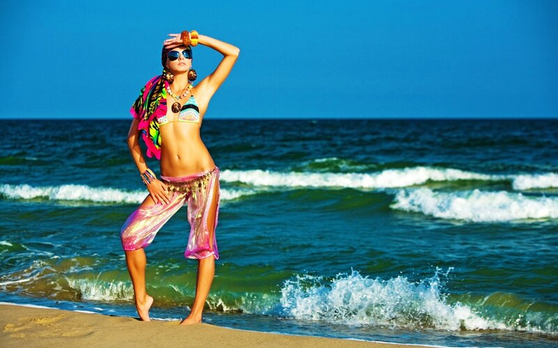 Woman on Beach — Blue, Bright, Afternoon, Photograph, Sunglasses