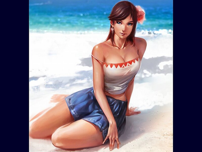 Woman on Beach — Blue, Calm, Afternoon, Digital Art, Ocean
