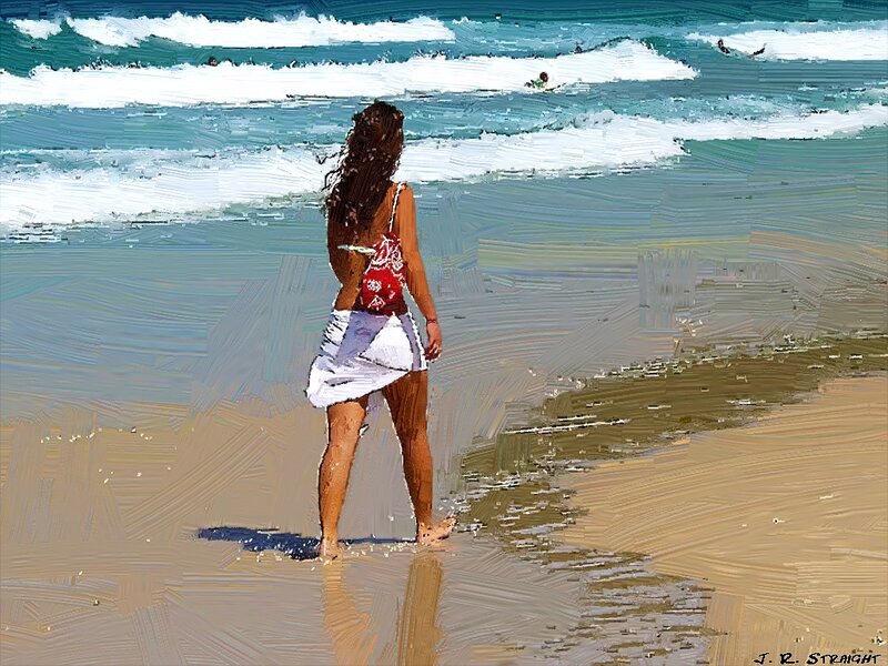 Woman on Beach — Blue, Calm, Afternoon, Digital Art, Ocean, Waves