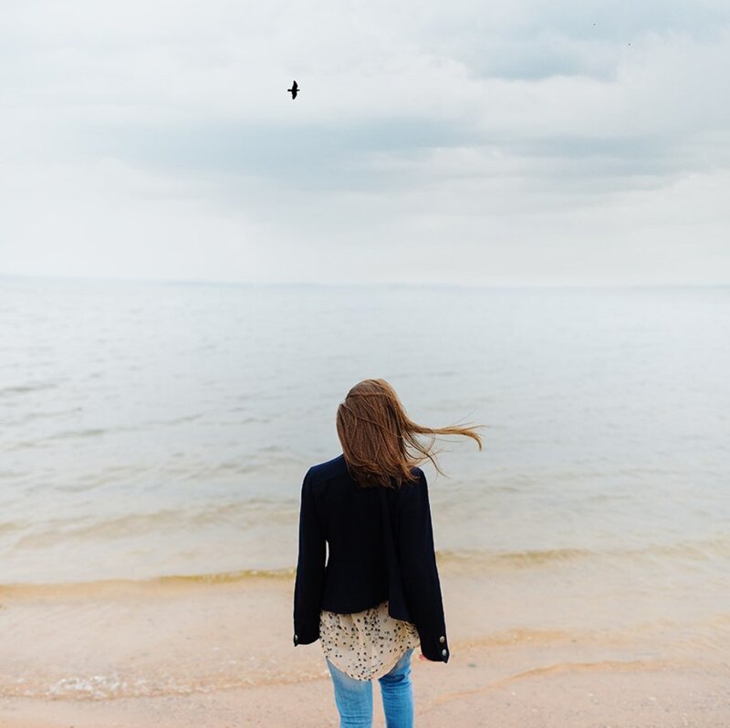 Woman on Beach — Blue, Calm, Afternoon, Photograph, Bird