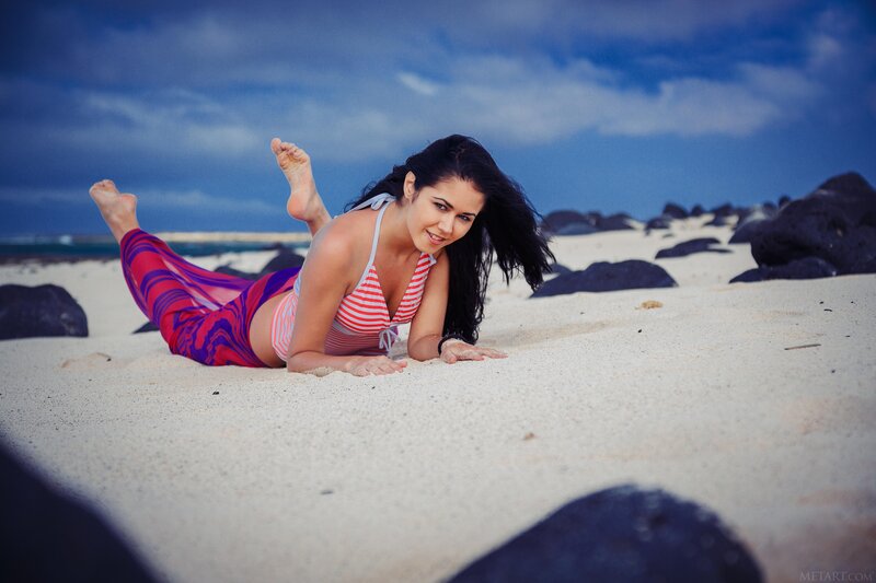 Woman on Beach — Blue, Dramatic, Afternoon, Photograph, Sand, Rocks