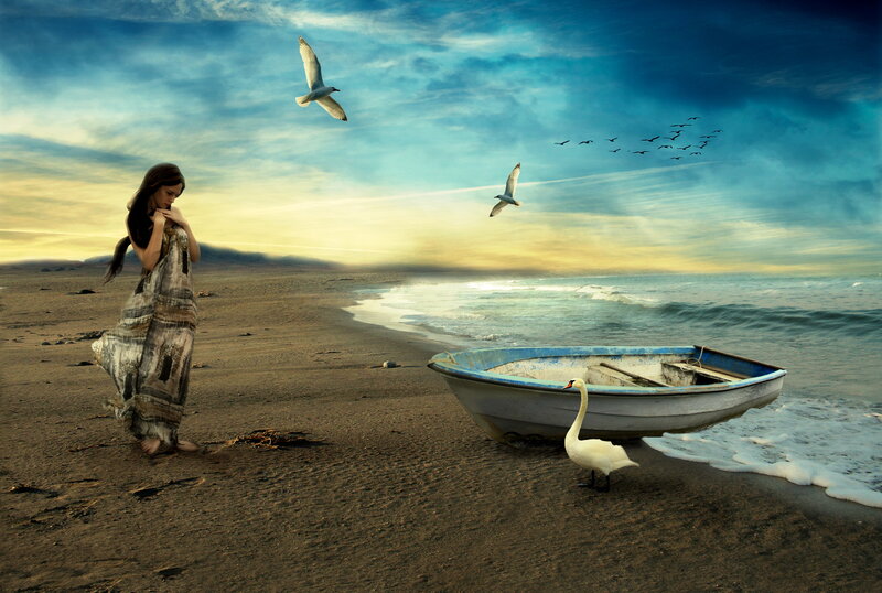 Woman on Beach — Blue, Dramatic, Sunset, Digital Art