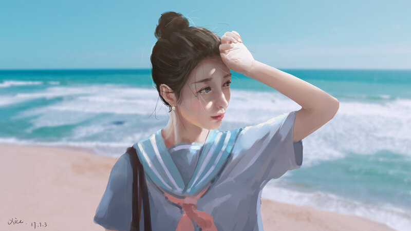 Woman on Beach — Blue, Serene, Afternoon, Digital Art, Ocean