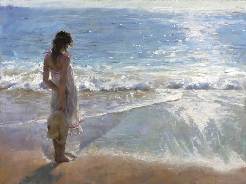 Woman on Beach — Blue, Serene, Afternoon, Painting, Ocean