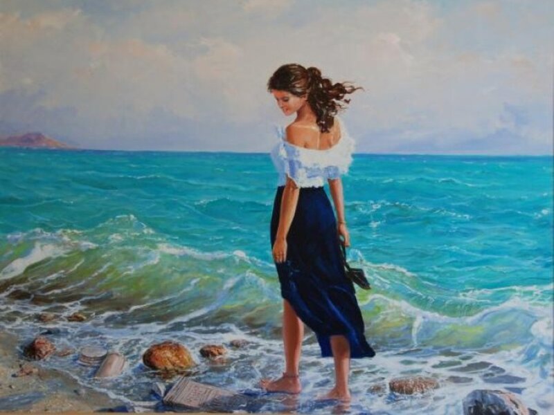 Woman on Beach — Blue, Serene, Afternoon, Painting