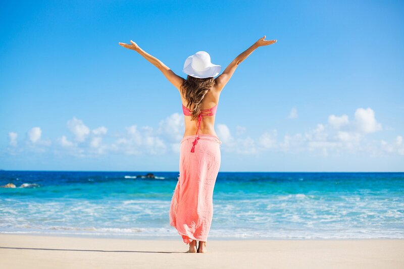 Woman on Beach — Blue, Serene, Afternoon, Photograph, Hat, Ocean, Sky