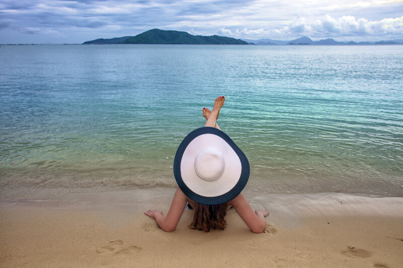 Woman on Beach — Blue, Serene, Afternoon, Photograph, Hat, Ocean