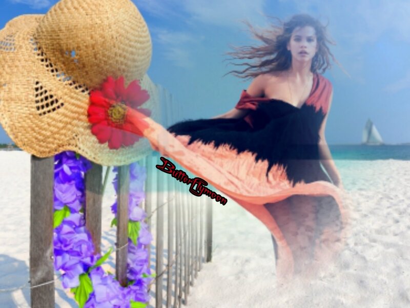 Woman on Beach — Blue, Serene, Afternoon, Photograph, Straw Hat