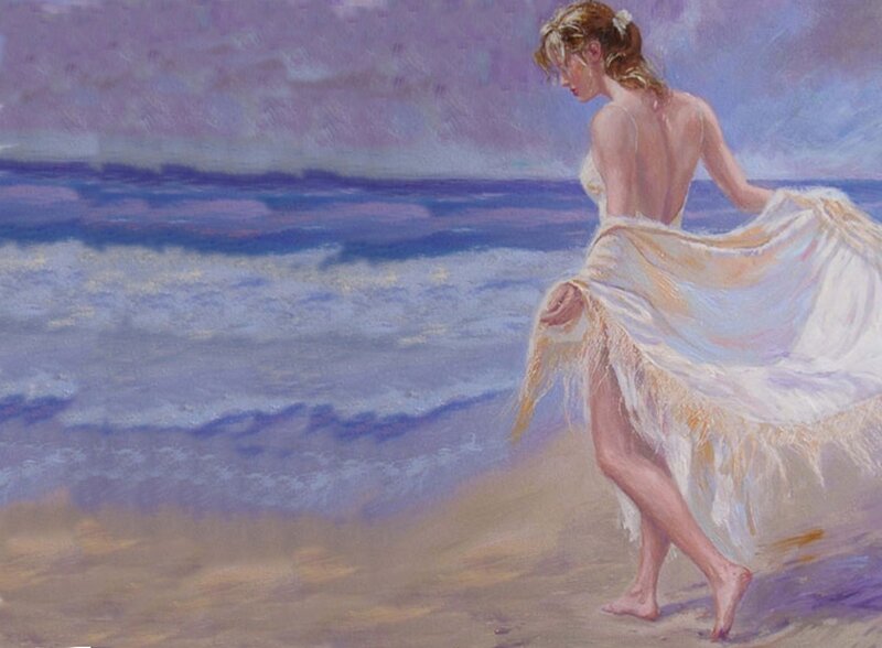 Woman on Beach — Blue, Serene, Sunset