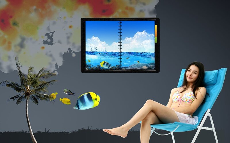 Woman on beach chair with digital screen