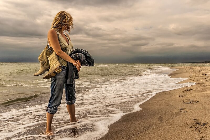 Woman on Beach — Gray, Dramatic