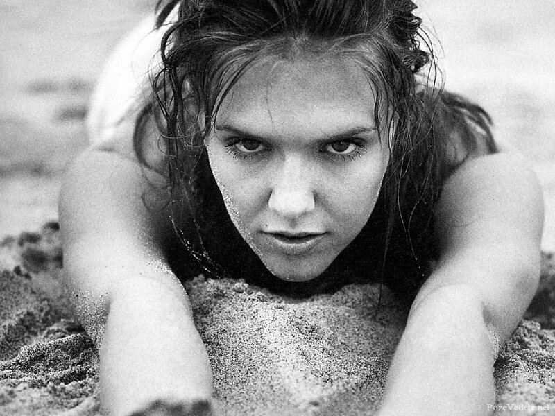 woman on beach in black and white