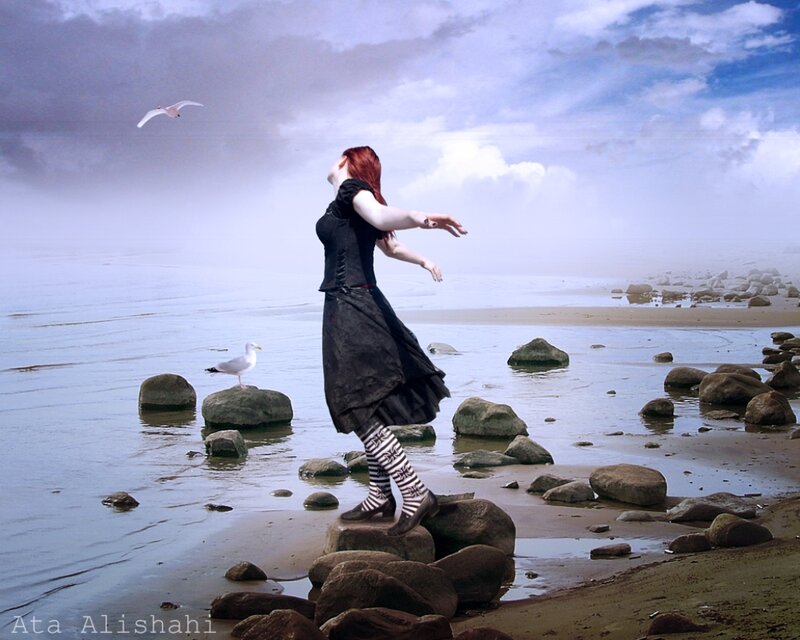 Woman on Beach Rocks — Blue