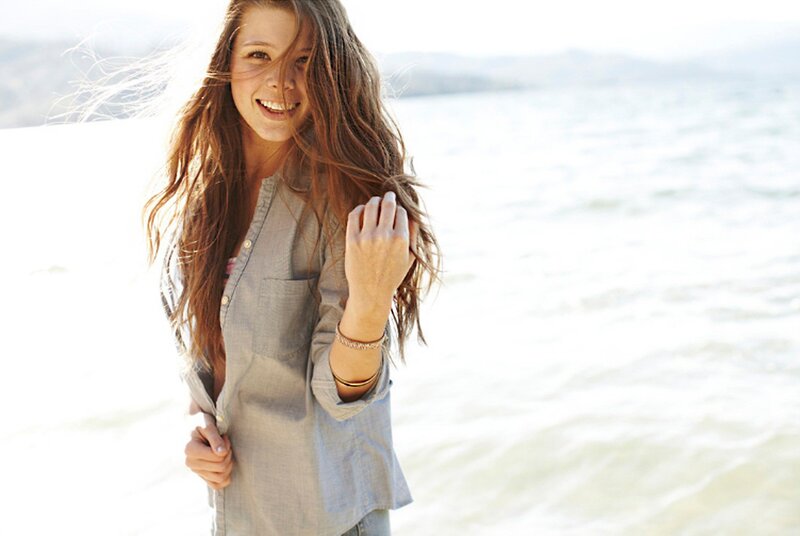 Woman on Beach — White, Bright, Afternoon, Photograph, Shirt