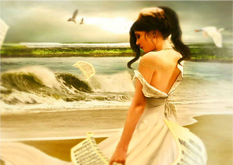 Woman on Beach — White, Dramatic, Afternoon, Digital Art