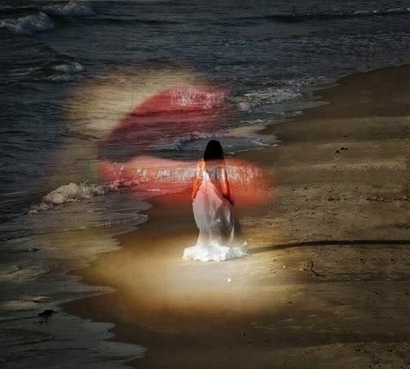 Woman on Beach — White, Dramatic, Night