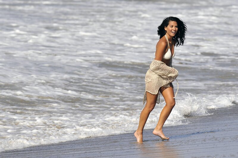 Woman on Beach — White, Playful