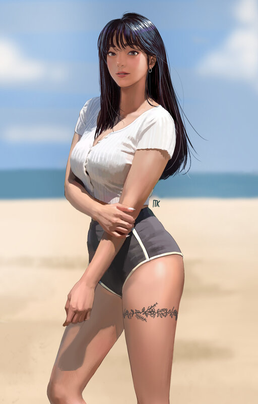 Woman on Beach — White, Serene, Afternoon, Digital Art, Ocean