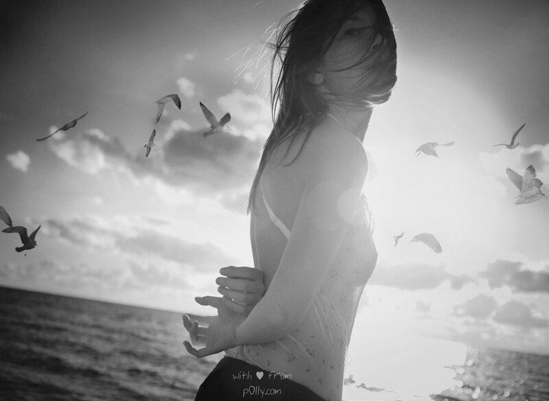 Woman on Beach with Birds — Black