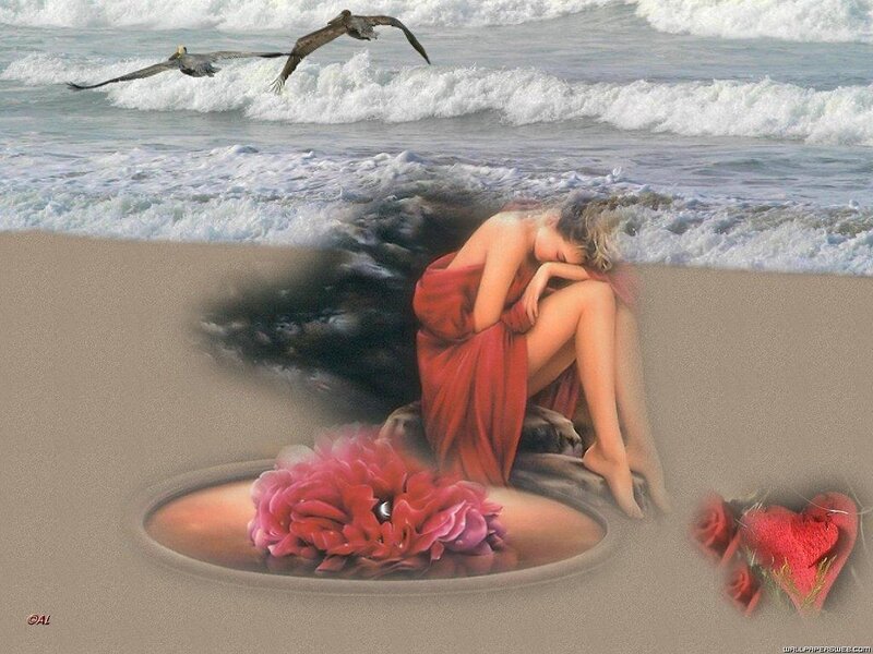 woman on beach with birds