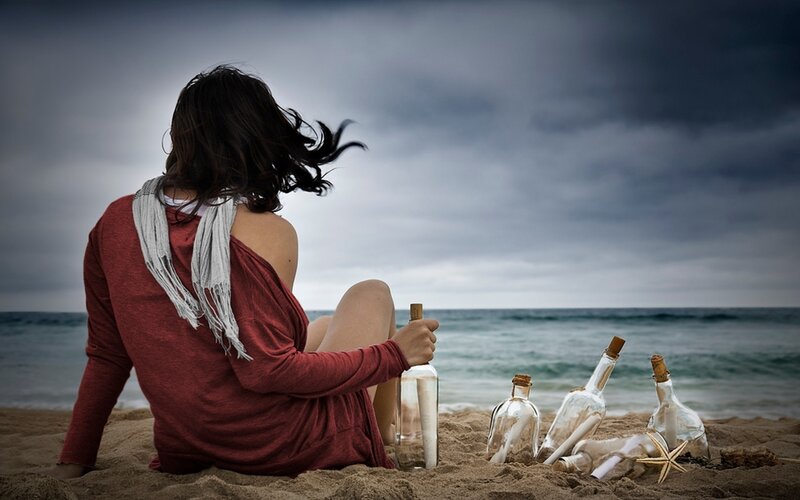 Woman on Beach with Bottles — Gray
