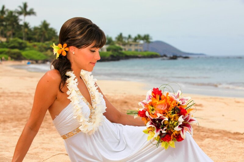 Woman on Beach with Bouquet