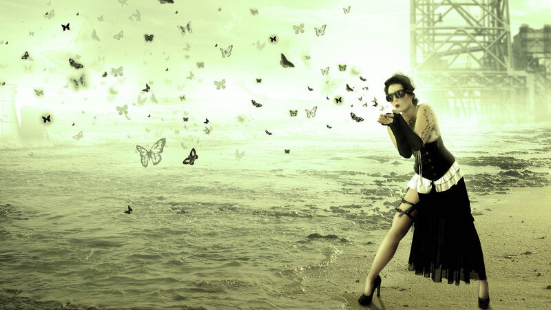 Woman on Beach with Butterflies