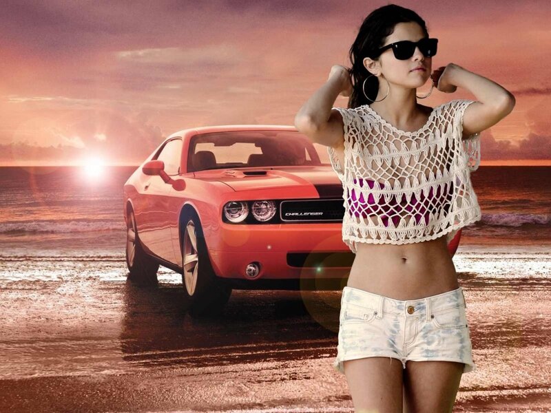 Woman on Beach with Car — Red