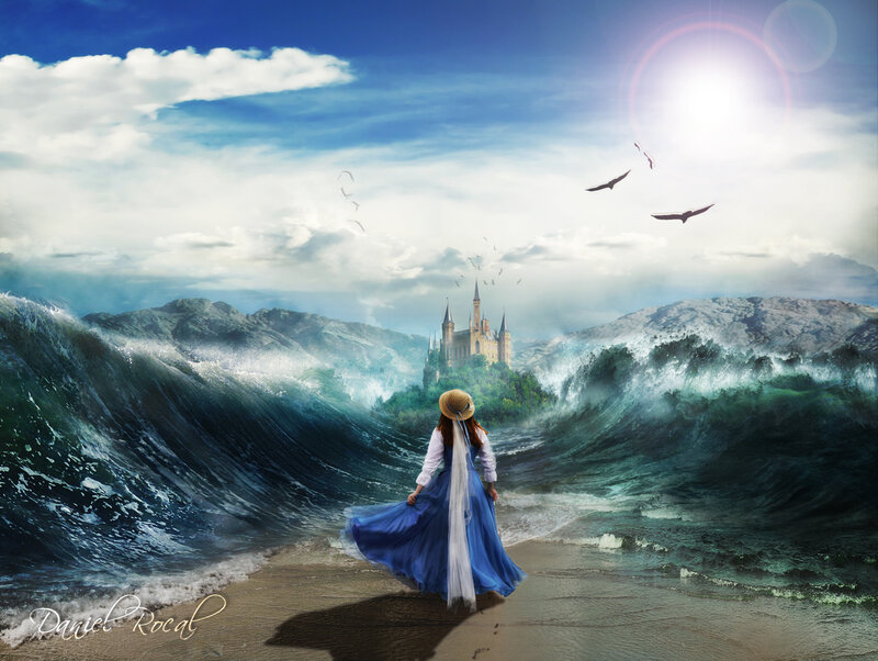 Woman on Beach with Castle — Blue
