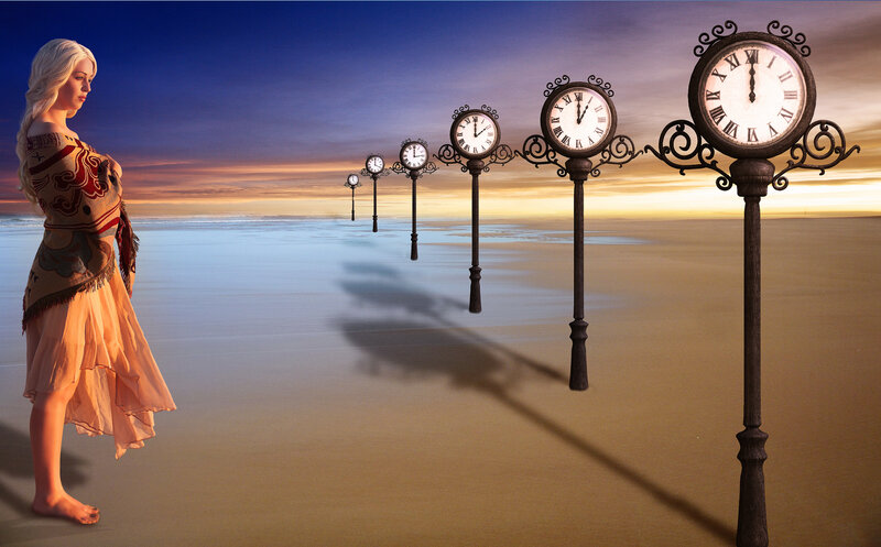 Woman on Beach with Clocks