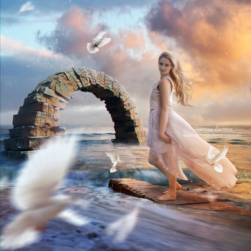 Woman on Beach with Doves